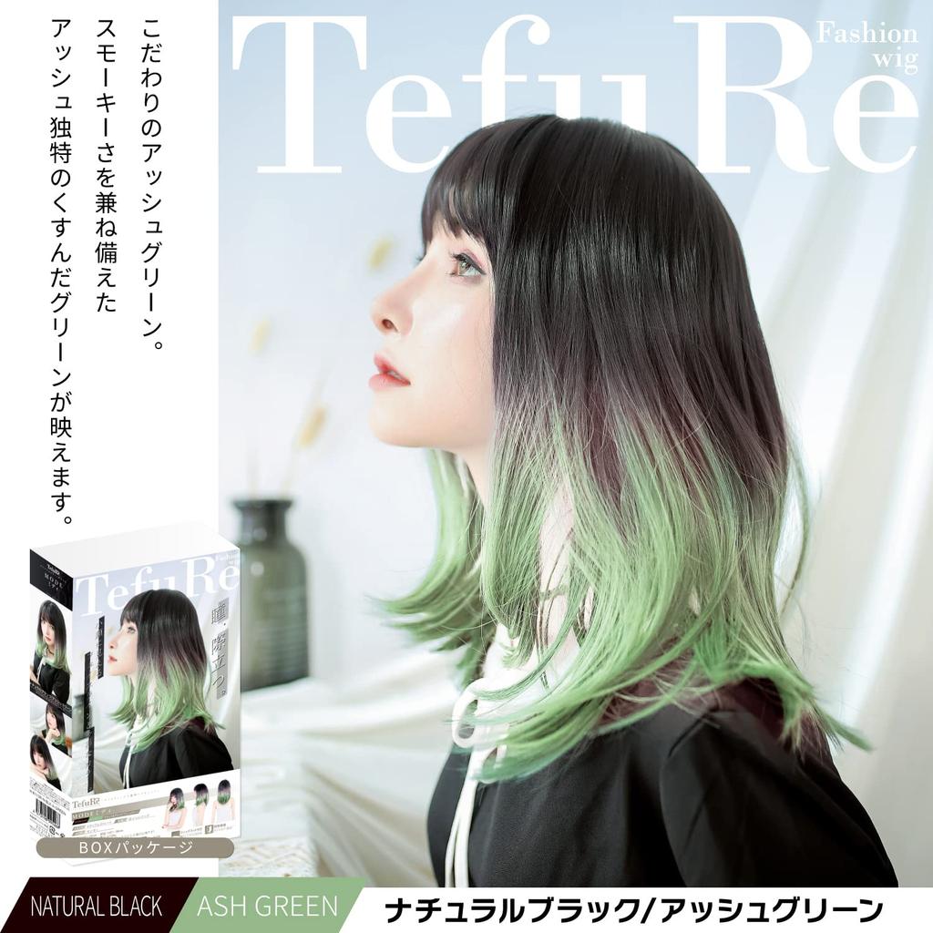 Perücke Mittel Volle Perücke Kleiner Gesichtseffekt Netz Inklusive MODE Midi Farbverlauf Naturschwarz x Aschgrün [TefuRe] Halblang H-6113RN-BLK-A-GREEN