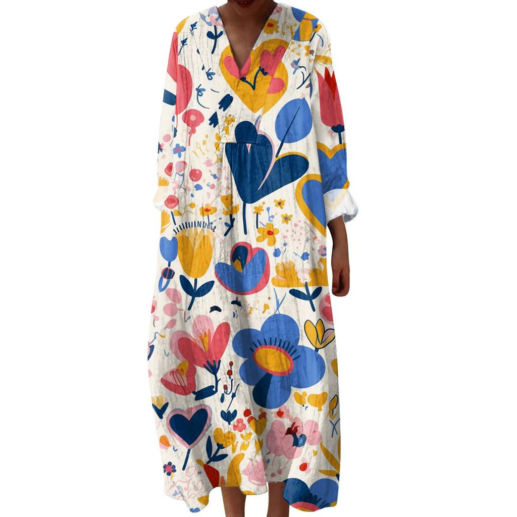 Women's Casual And Fashionable V-Veck Flower Print Long Sleeved Dress Long Sleeved Dress