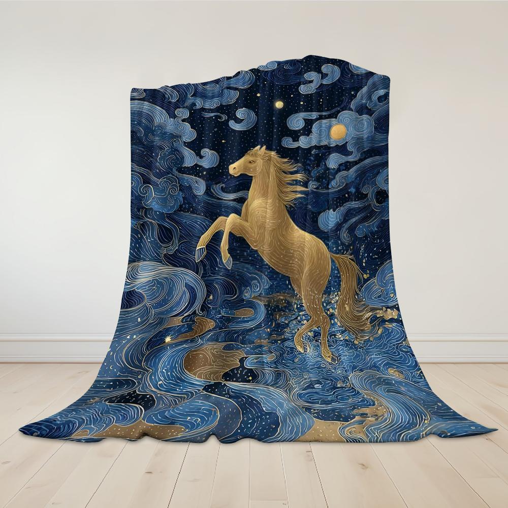 Golden Horse Celestial Flannel Blanket Warm Soft Halloween Christmas Couch Warm Cozy Decorative Decor Gift for All Season