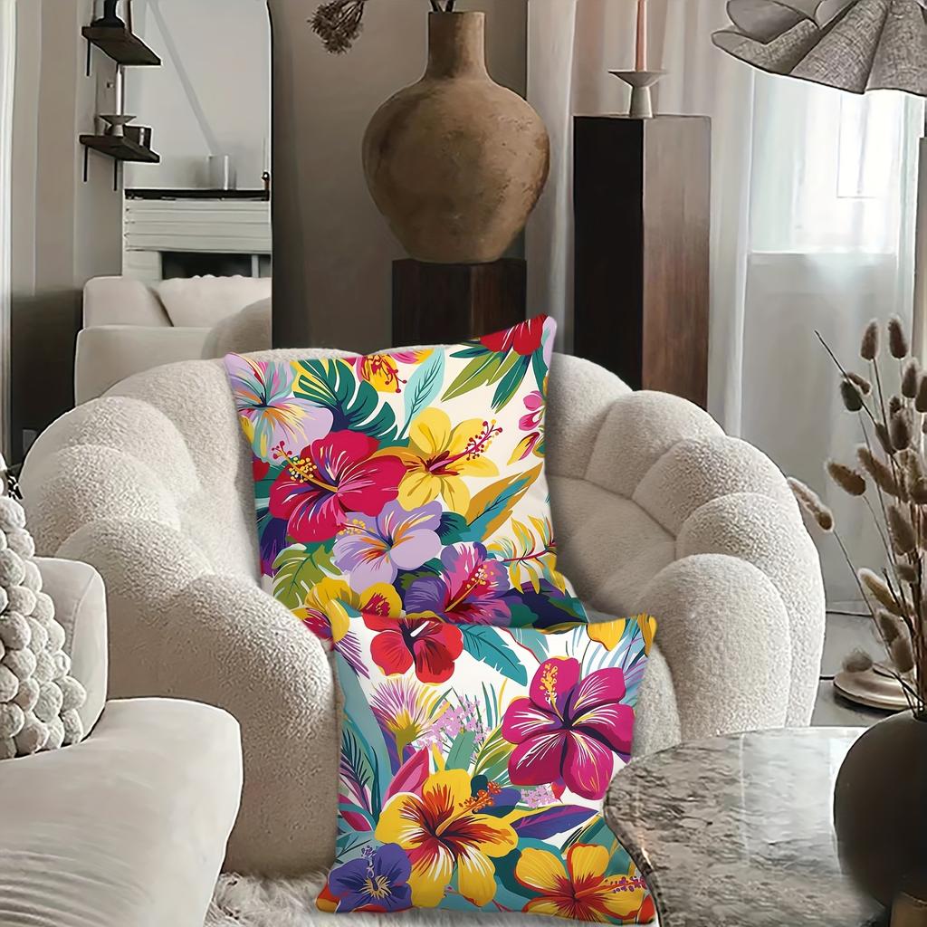 4-piece Tropical Floral Leaf and Hibiscus Pattern Pillowcase Set, Suitable for Sofa, Living Room, Bedroom, Insert Not Included