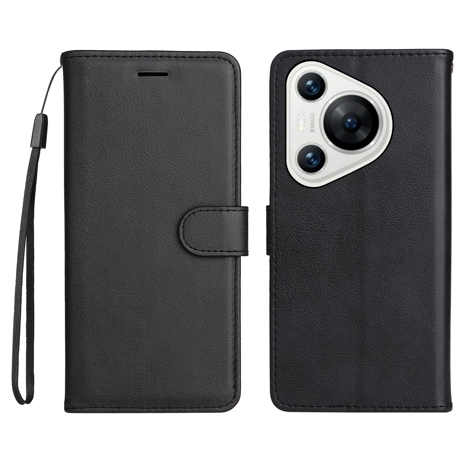 

For Huawei Pura 70 Case Solid Color Leather Mobile Cover Wallet Stand with Strap Black