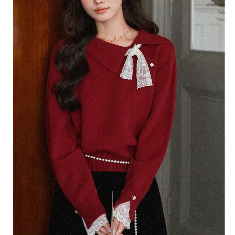 Herbst und Winter Kragen Spitze Träger Pullover Pullover für Damen Langarm Locker Gestricktes Oberteil