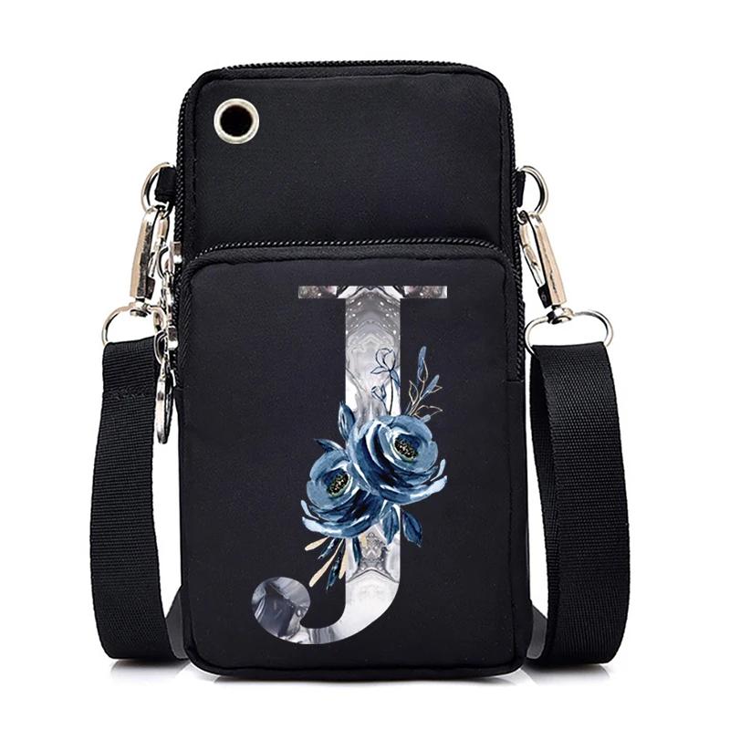 Blue Roses Alphabet Print Small Shoulder Bag 26 Letters Mini Crossbody Phone Bag for Women