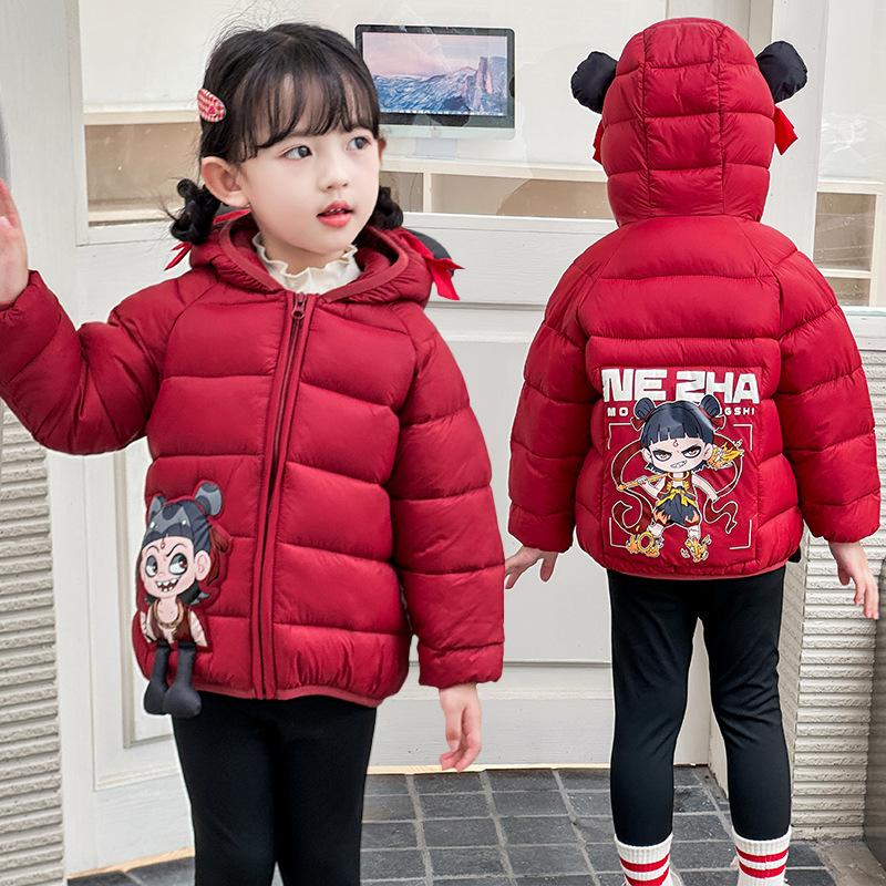 Kinder Nezha verdickte kurze Baumwolljacke Herbst und Winter Jungen niedliche Cartoon-Print Mäntel Mädchen warme Kapuzenjacken