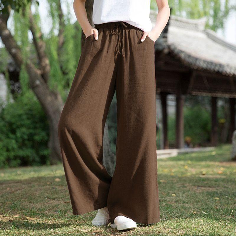 

Solid Color Wide Leg Pants Women Elastic Waist Belt Trouser Spring Pockets Cotton Linen Women Cloths Pants 4XL