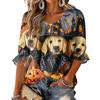 Women's Halloween Print Round Neck Tie Front Ruffle Blouse Three-Quarter Sleeve Top