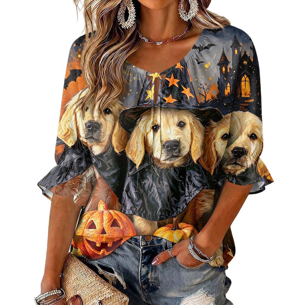 Women's Halloween Print Round Neck Tie Front Ruffle Blouse Three-Quarter Sleeve Top
