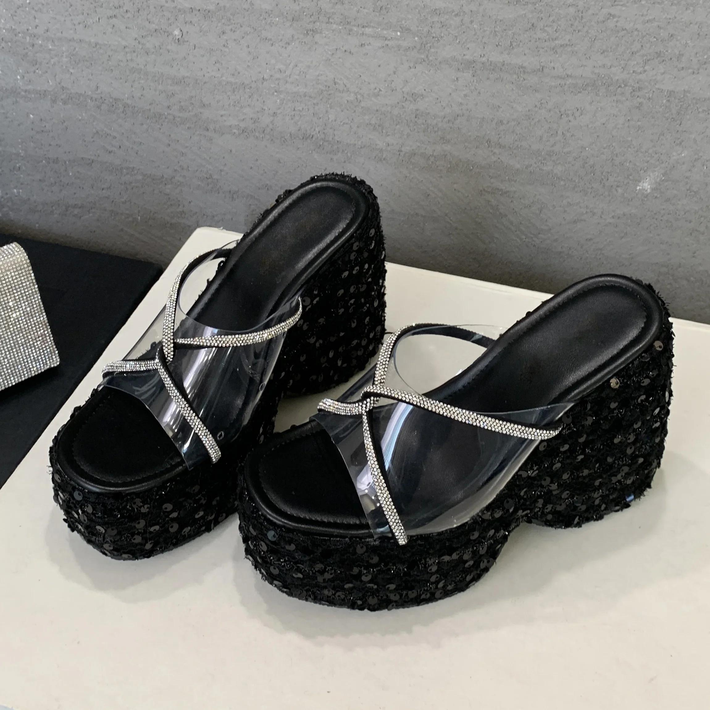 

КРИСТАЛЛ Блестящая Ткань ПВХ Прозрачные Платформа Танкетка Высокие Каблуки Женские Шлепанцы Элегантная Банкетная Обувь 35 чёрный