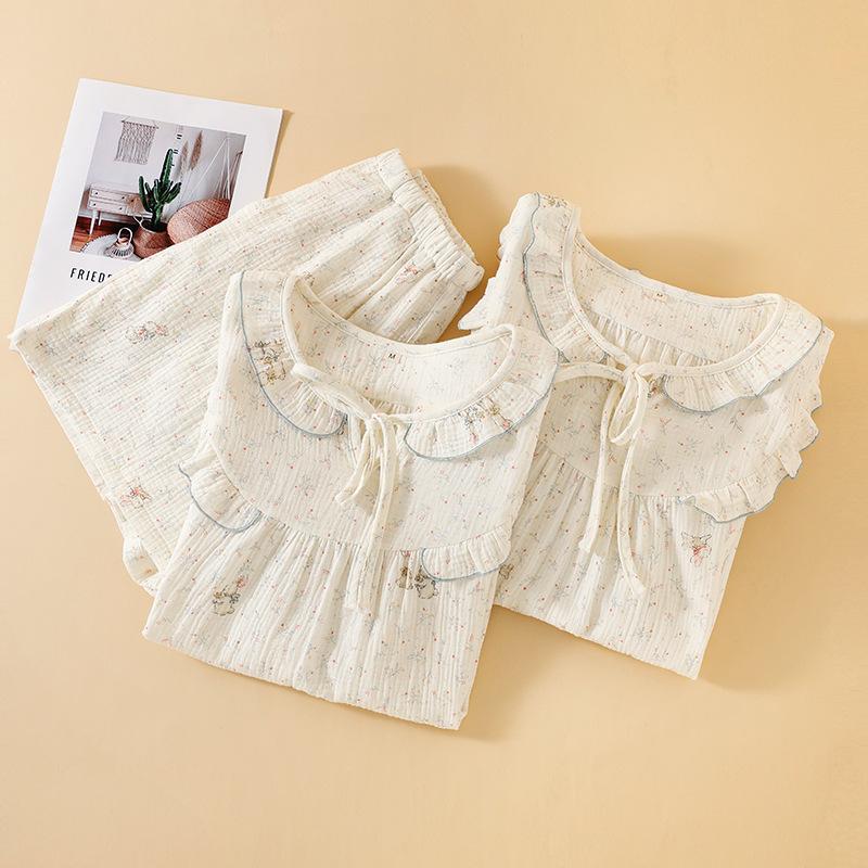 Pajamas Women's Spring, Summer and Autumn Crepe Cloth Pure Cotton Small Fresh Floral Sweet Home Nightdress Short Sleeve Shorts Set Loungewear