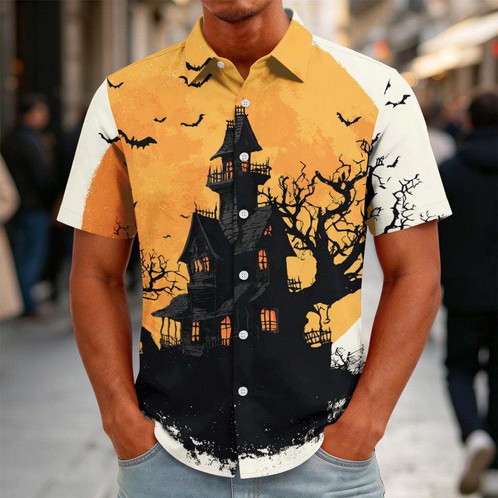 Men's Halloween Print Vintage Button Down Cardigan Shirt - Loose Fit Breathable Summer Casual Streetwear Top