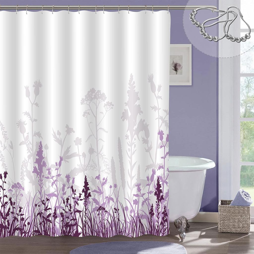 Lavender Shower Curtain with Hooks Waterproof Polyester Fabric Purple Floral Plant Bathroom Bathtub Curtains for Bath Room Tub