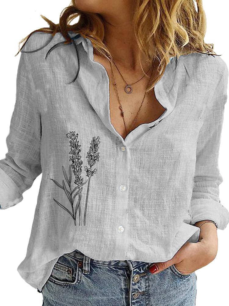 Women Fashion Long Sleeve Shirt Loose Cotton Linen Top Ladies Casual Print Blouses