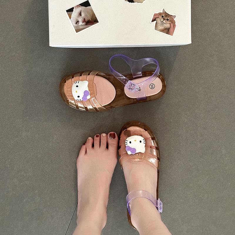 Casual cartoon Hello Kitty jelly crystal flats ladies summer retro cute KT cat versatile hollow sandals