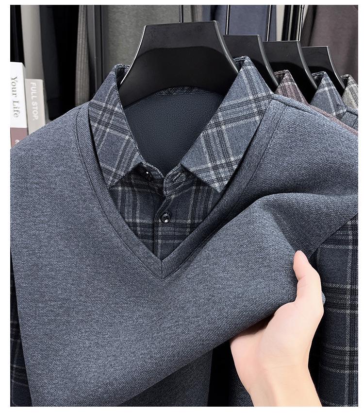 Men's Winter Knit Shirt with Velvet Thickened Layer and Collar