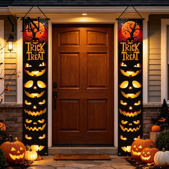 Party Hanging Decoration Halloween Porch Sign Banner, Pumpkin Ghost Awning Wall Eye-catching Door Backdrop Decoration, Front Wreath Banner Yard