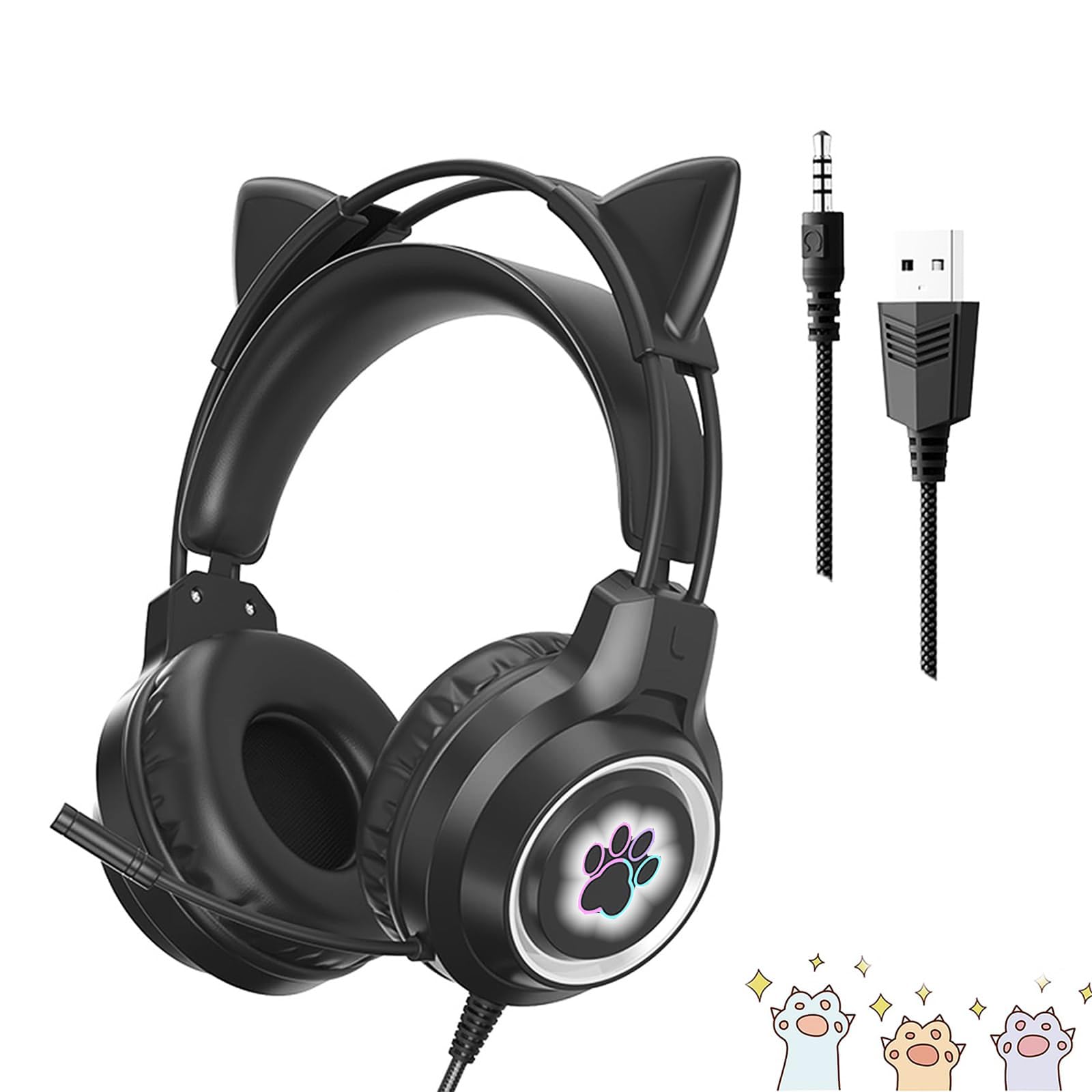 

Cat Ear Gaming Headset Cat with LED Comfortable Directional HIFI Stereo Sound Compatible with PCs and Ideal for and Gift Headphones, (Detachable
