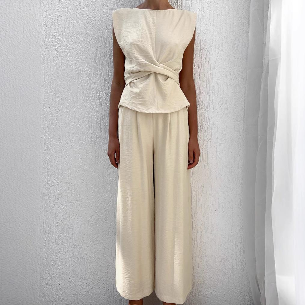 Khaki wrinkle sleeveless vest, top, trousers casual suit 1116 European and American summer fashion new two-piece set