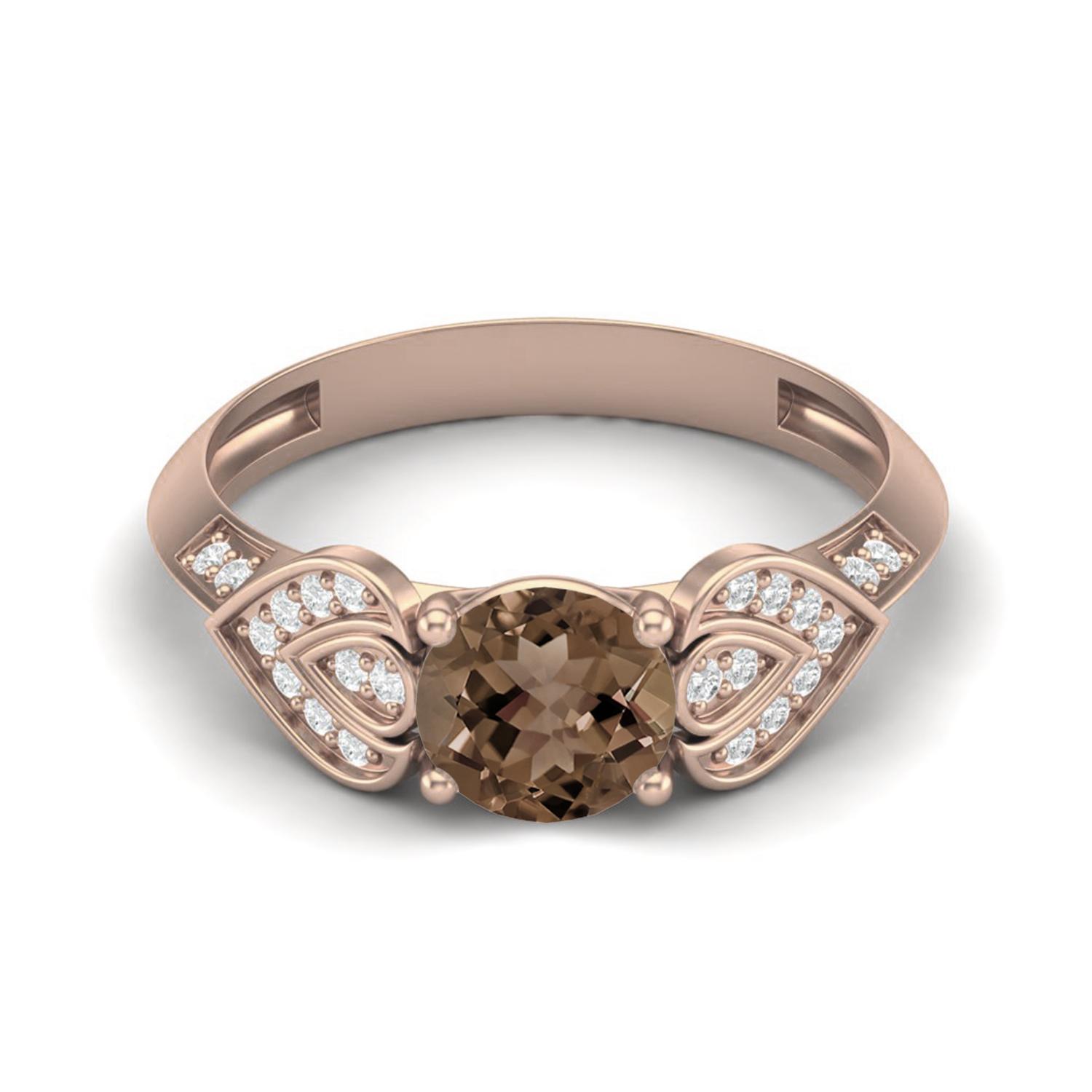 1.11 Ctw Round Smoky Quartz 925 Sterling Silver Rose Vermeil Solitaire Bridal Vine Leaf Women Ring 7