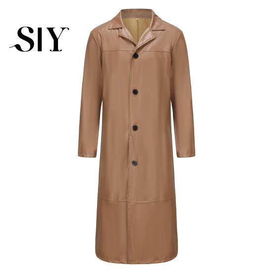 Button Breast Men Jacket Turn-down Collar Smooth Solid Color Faux Leather Windproof Streetwear Slim Fit Long Sleeve Trench Coat Fall