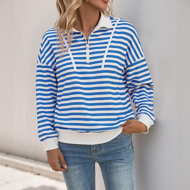 Autumn Long-sleeved Striped Loose T-shirt Casual Polo Collar Zipper Pullover Sweatshirt