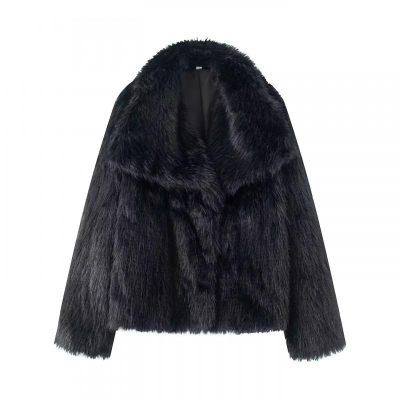 Womens Faux Fur Coat With Oversized Lapel Warm Winter Outerwear In Brown Beige Black Dark Coffee Burgundy