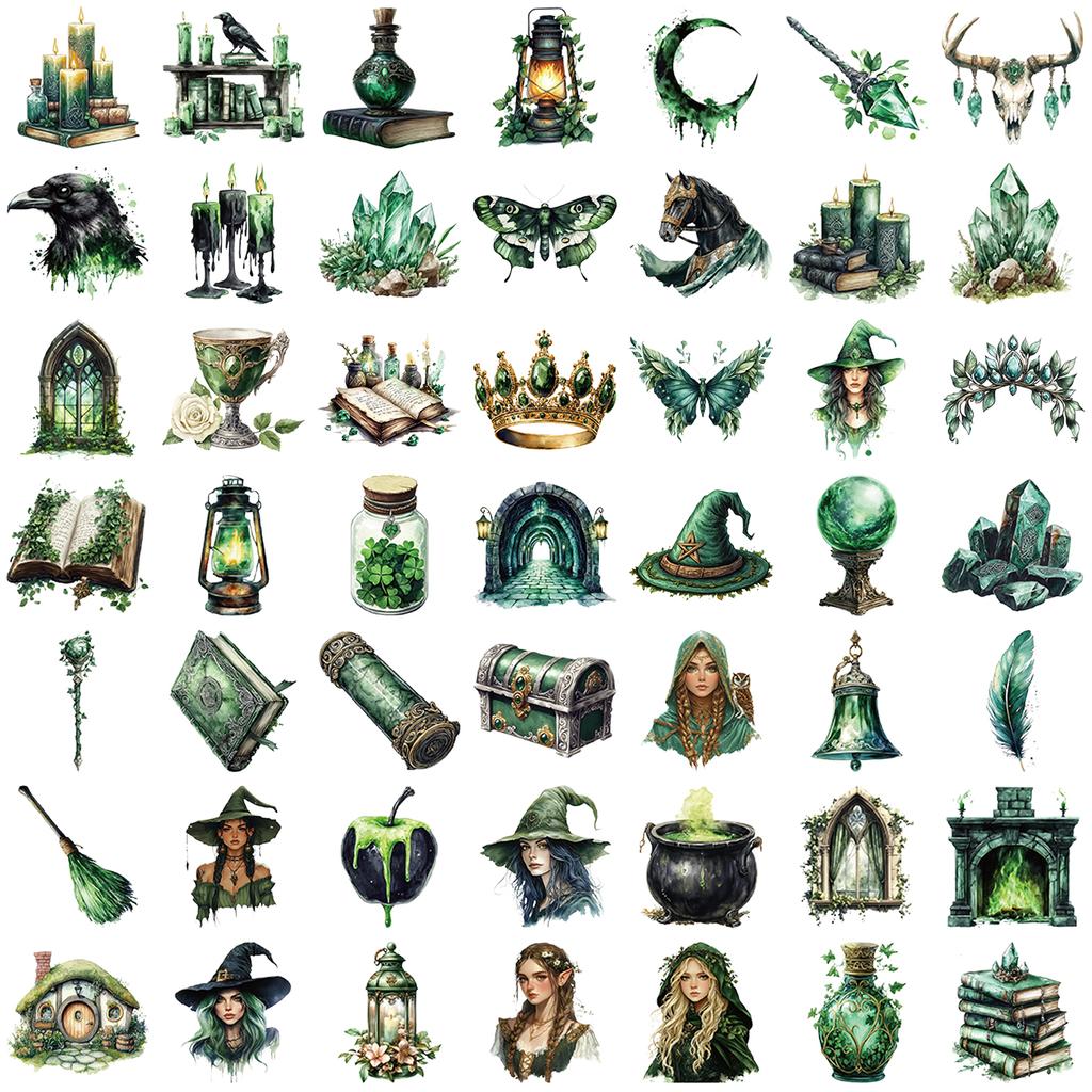 50pcs Forest Witch Stickers, Gothic Cool Waterproof Decorative DIY Decals, Matte Finish Rectangle PET Stickers