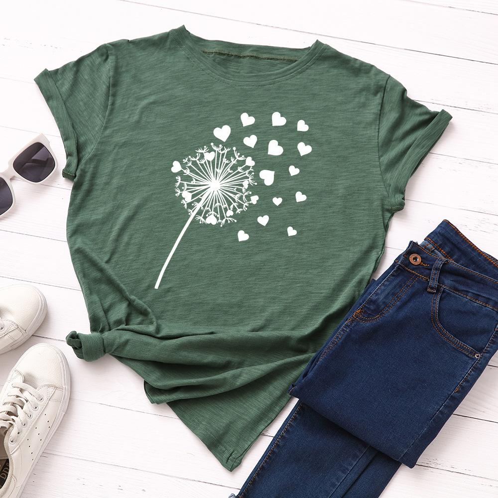 Cotton Loose Round Neck Creative Dandelion Heart-shaped Short Sleeved Women's T-shirts