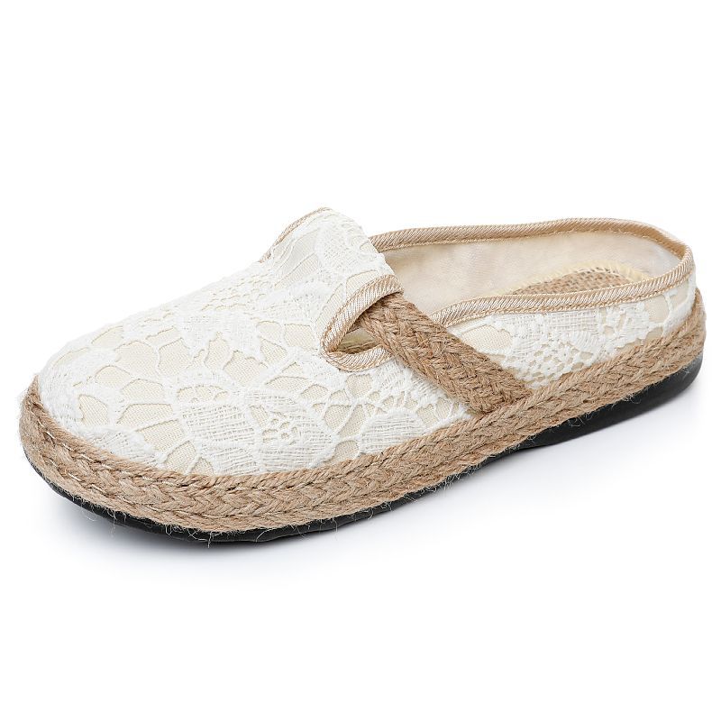 2025 New Breathable Casual Women's Bag Head Half Slippers Lace Retro Cotton and Linen Shoes Flat Bottom
