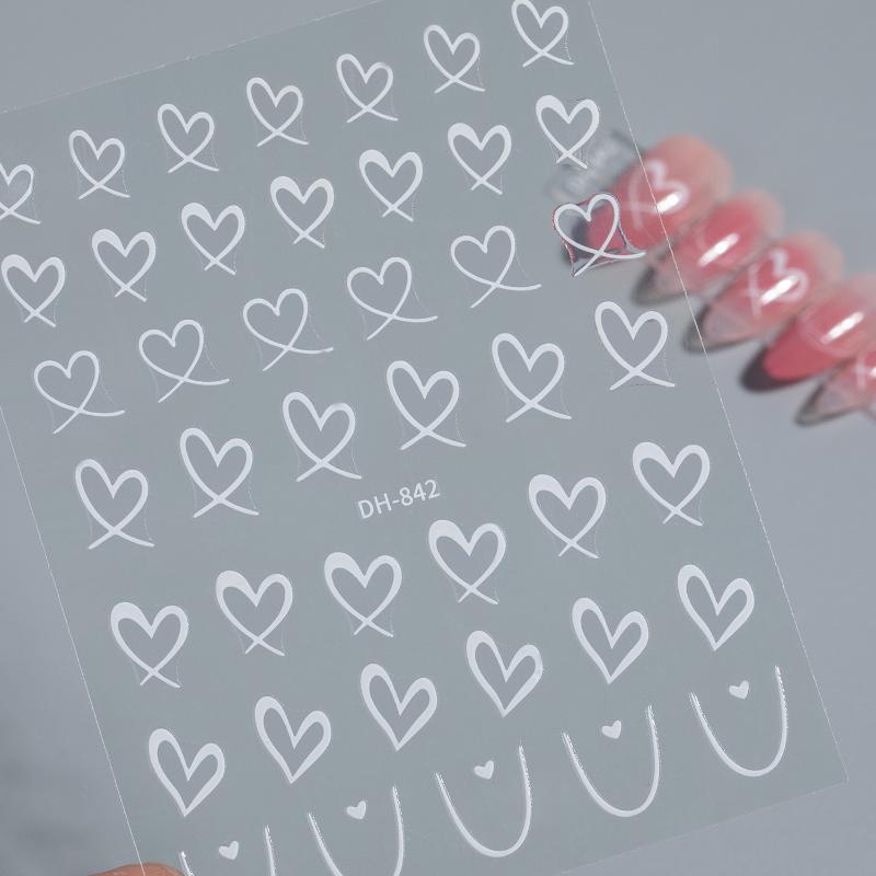 1 Sheet Nail Art Stickers 3D Cute Heart White Gold Silver Lines Love Heart Nail Decals Diy Adhesive Slider Manicure Decorations