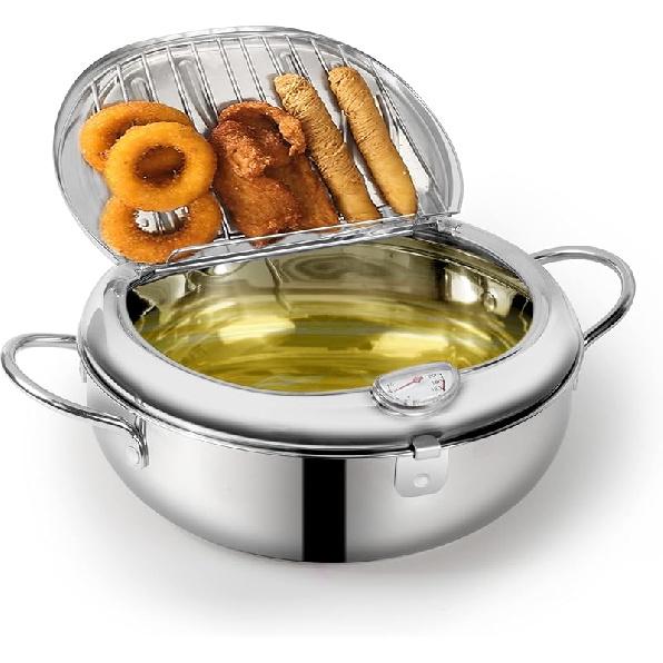 Deep Fryer Pot, Japanese Style Tempura Deep Fryer Frying Pot With Thermometer, Lid, Oil Drip Drainer Rack for French Fries Fish Shrimp Chicken 7.9