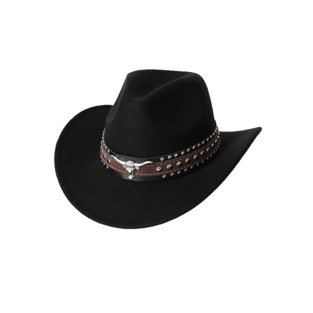 

Western cowboy hat for men and women, vintage wide-brimmed hat with cow head decoration, belt style jazz hat, popular sun hat M（56-58cm） чёрный