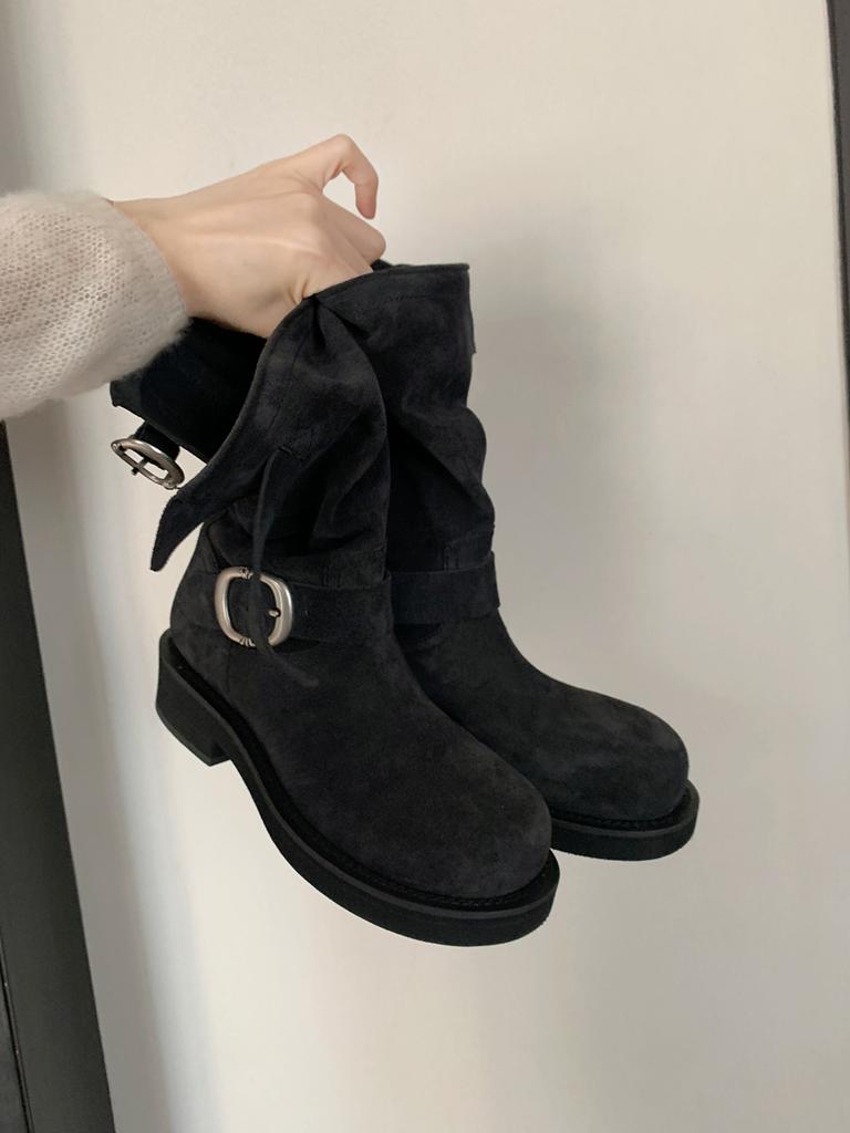 Cowhide Version~ Grape Mother Retro Martin Boots Metal Buckle Round Head Knight Boots Polished Locomotive Stack Short Boots Women