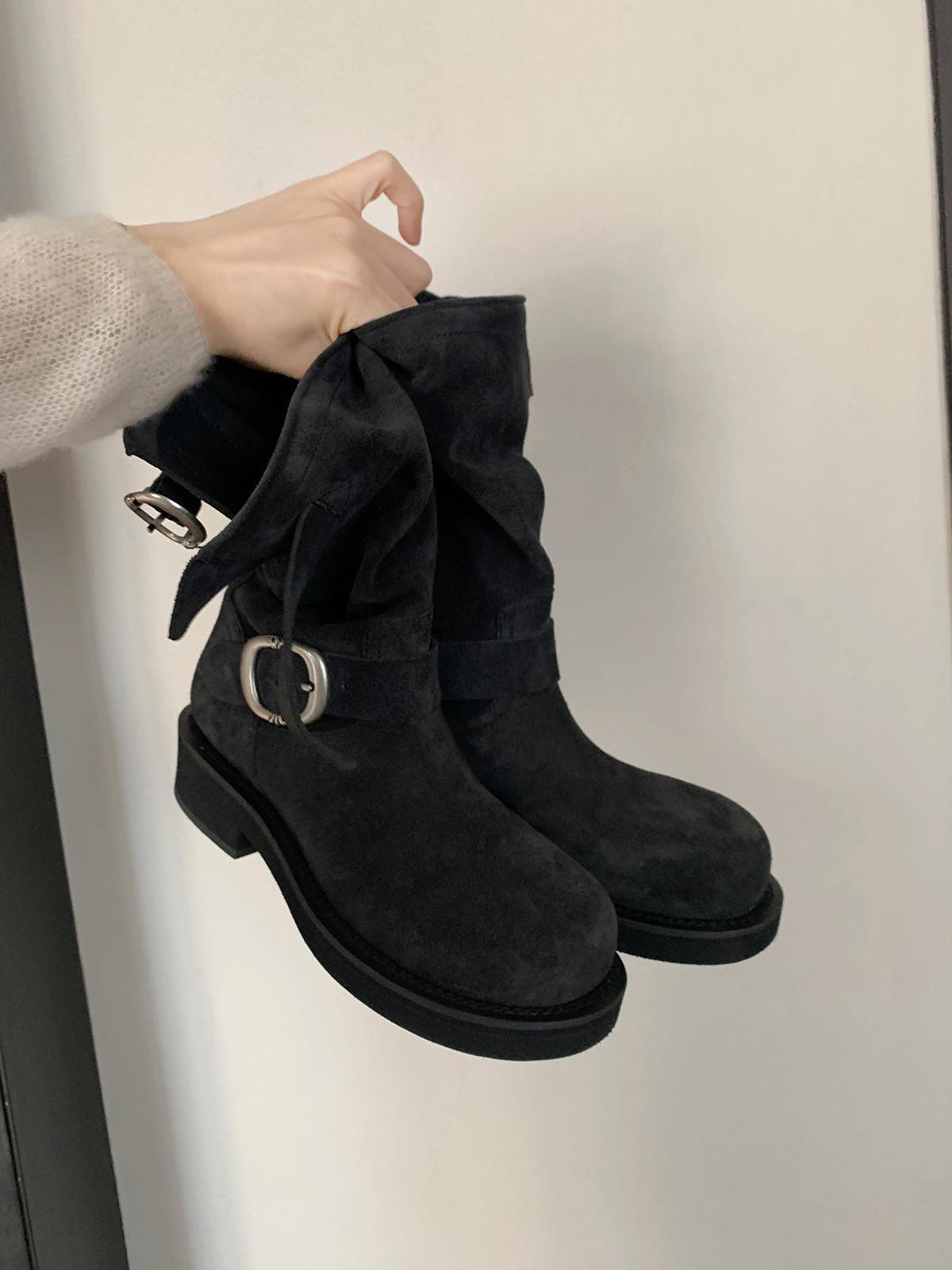 

Cowhide version~ Grape mother retro Martin boots metal buckle round head knight boots polished locomotive stack short boots women 35