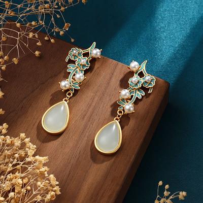 Ancient Gold Craft Natural An Jade Water Drop Earrings For Women Enamel Flowers Inlaid Pearls Eardrop Vintage Wedding Jewelry