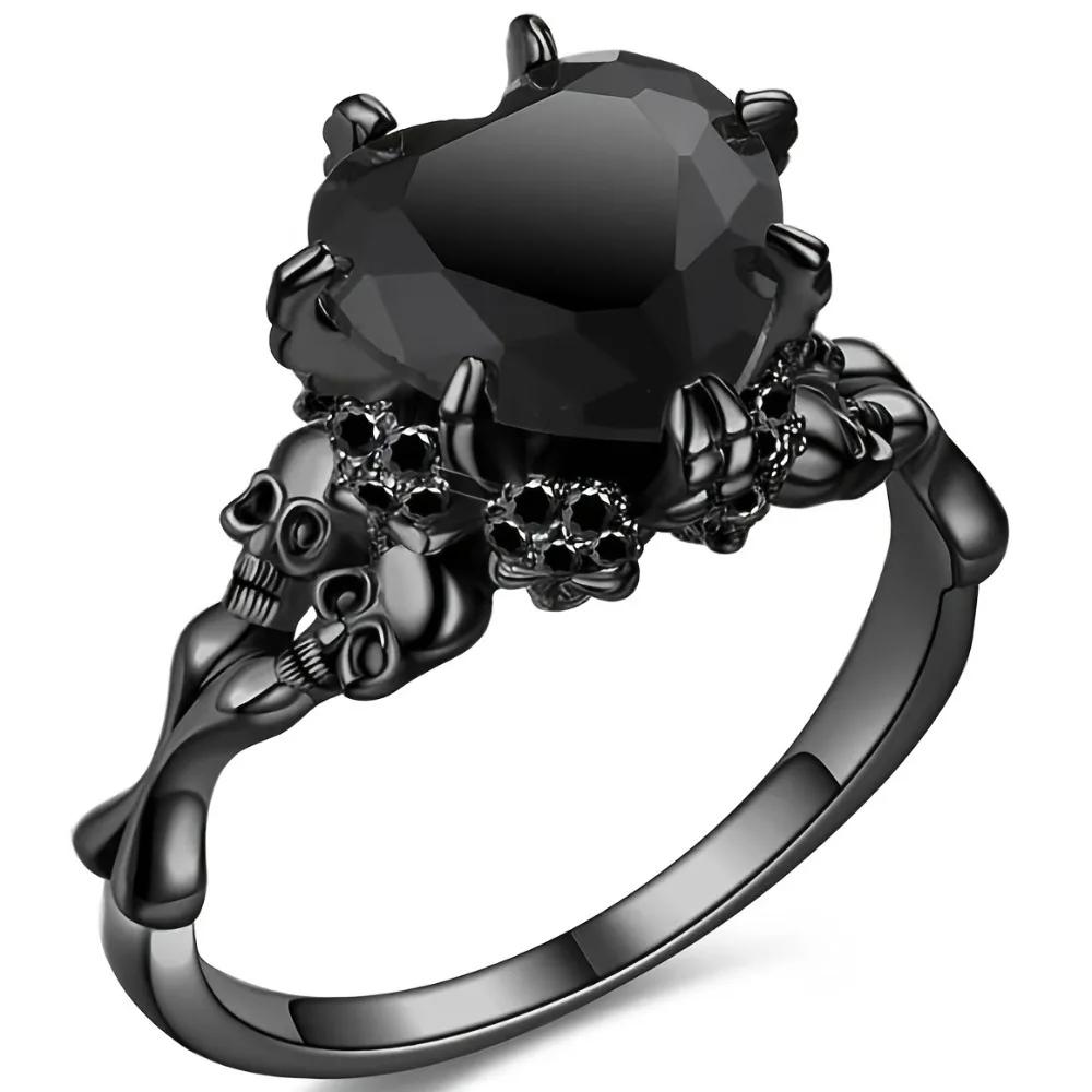 Gothic Style Promise Ring Inlaid Heart Shape Zircon Skull Design Wedding Jewelry Perfect Halloween Gift For Your Lover