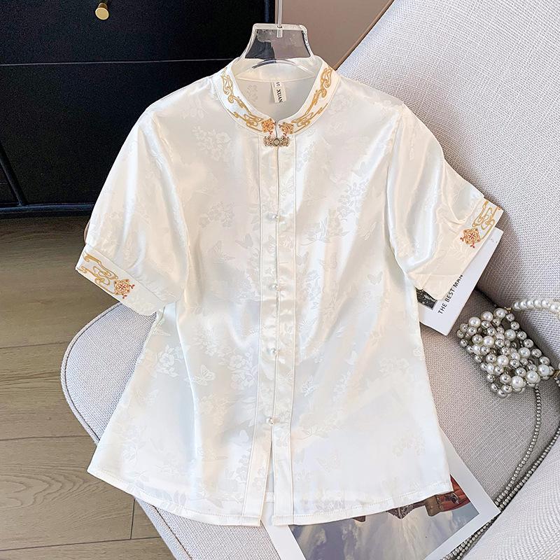 

Women s Mid-Sleeve Jacquard Embroidery Hanfu Shirt with Frog Buttons Medium