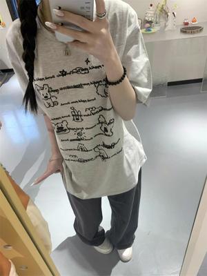 Korean Sle Pure Cotton Ort Sve Fiti Print T-irt Women's Loose Casual Slimming Versatile Top