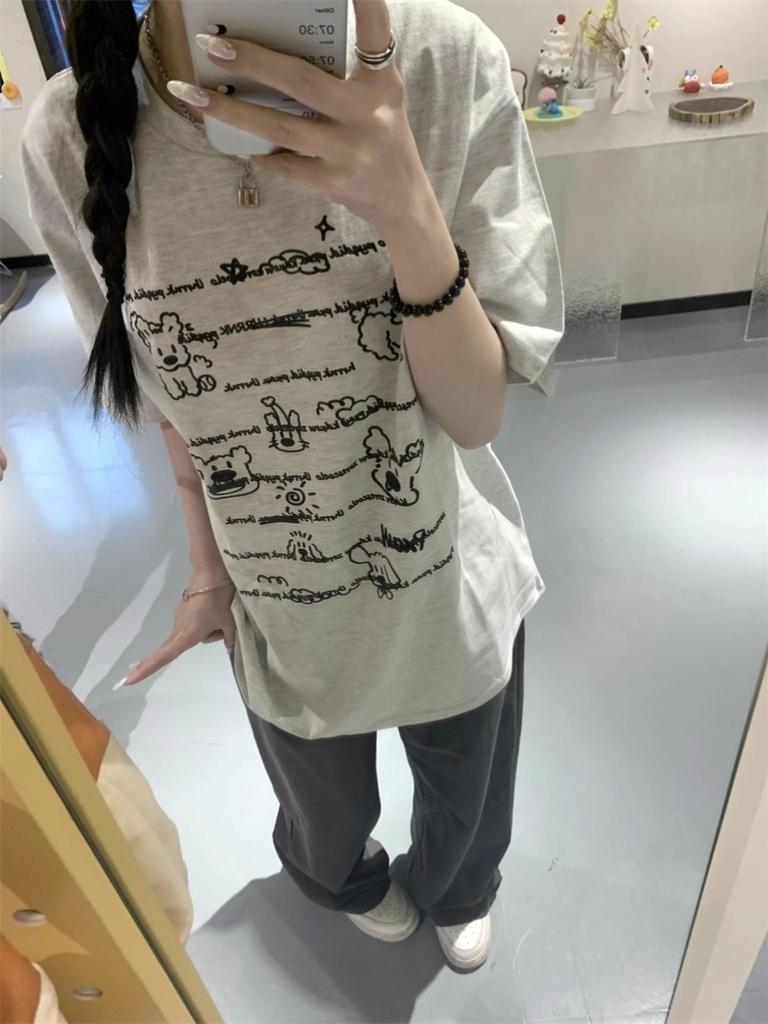 Korean Sle Pure Cotton Ort Sve Fiti Print T-irt Women's Loose Casual Slimming Versatile Top