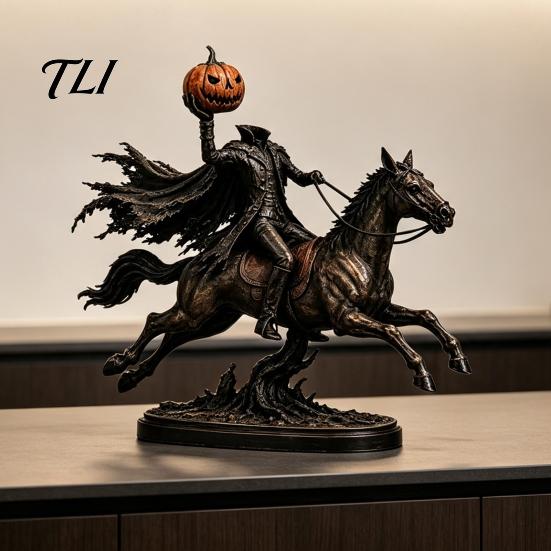 Halloween Atmosphere Prop Knight on Horseback with Luminous Pumpkin Head Resin Figurine, Decorative Gaming Room Shelf Accessory Lighted Horse