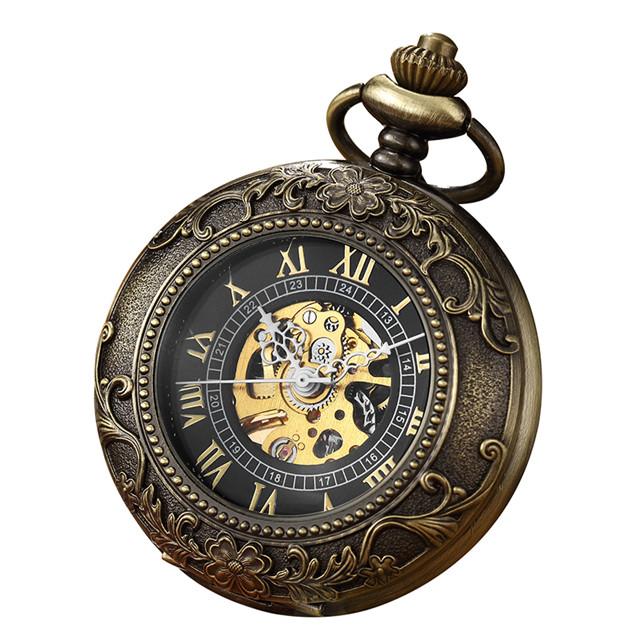 Luxury Retro Golden Hollow Skeleton Mechanical Pocket Watch Mens Fob Chain Steel Exquisite Sculpture Men Pocket Watch Gifts