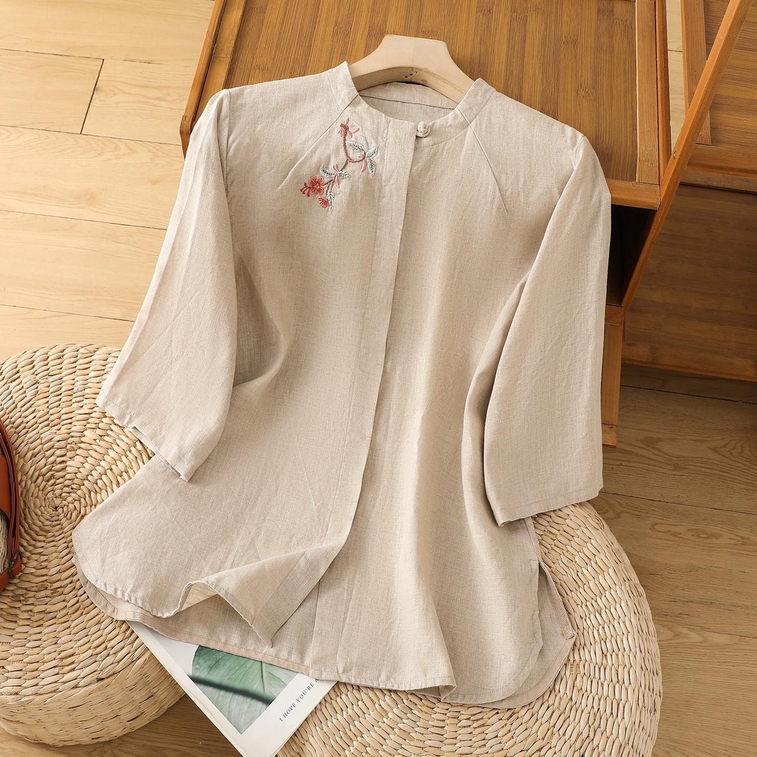 

Вышитая рубашка из хлопка и льна, женская, весна-лето 2025, новый дизайн, ретро, свободный топ с круглым вырезом и рукавом семь четвертей 2XL льняной