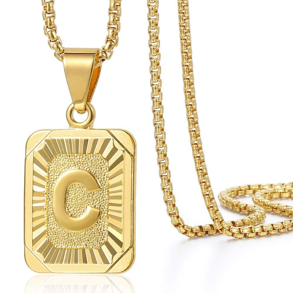 European Retro 18K Stainless Steel Unisex Pendant Necklace with Pearl and 26 English Letters Square Plate