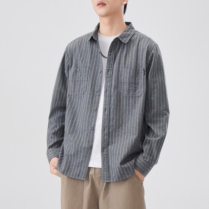 Japanese Retro Autumn Clothing New Men's Casual Cotton Long-sleeved Striped Shirt American Workwear Grinding
