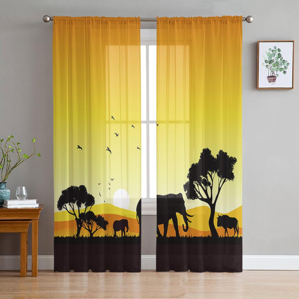 Africa Animal Giraffe Elephant Animal Silhouette Tulle Sheer Curtains Living Room Bedroom Window Curtain Voile Organza Drapes