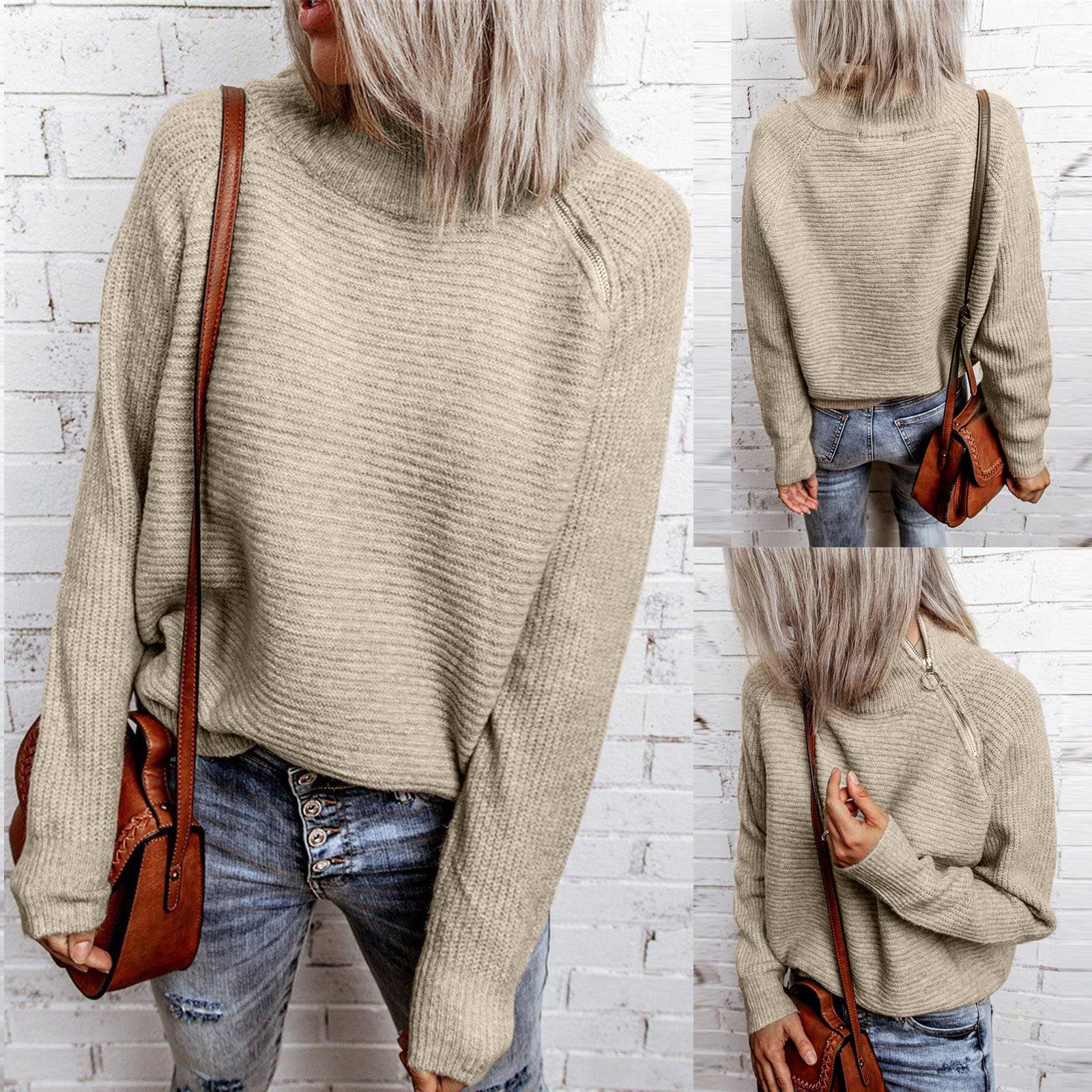 

Winter Women s Solid Color High Neck Loose Long-Sleeved Side Zipper Sweater