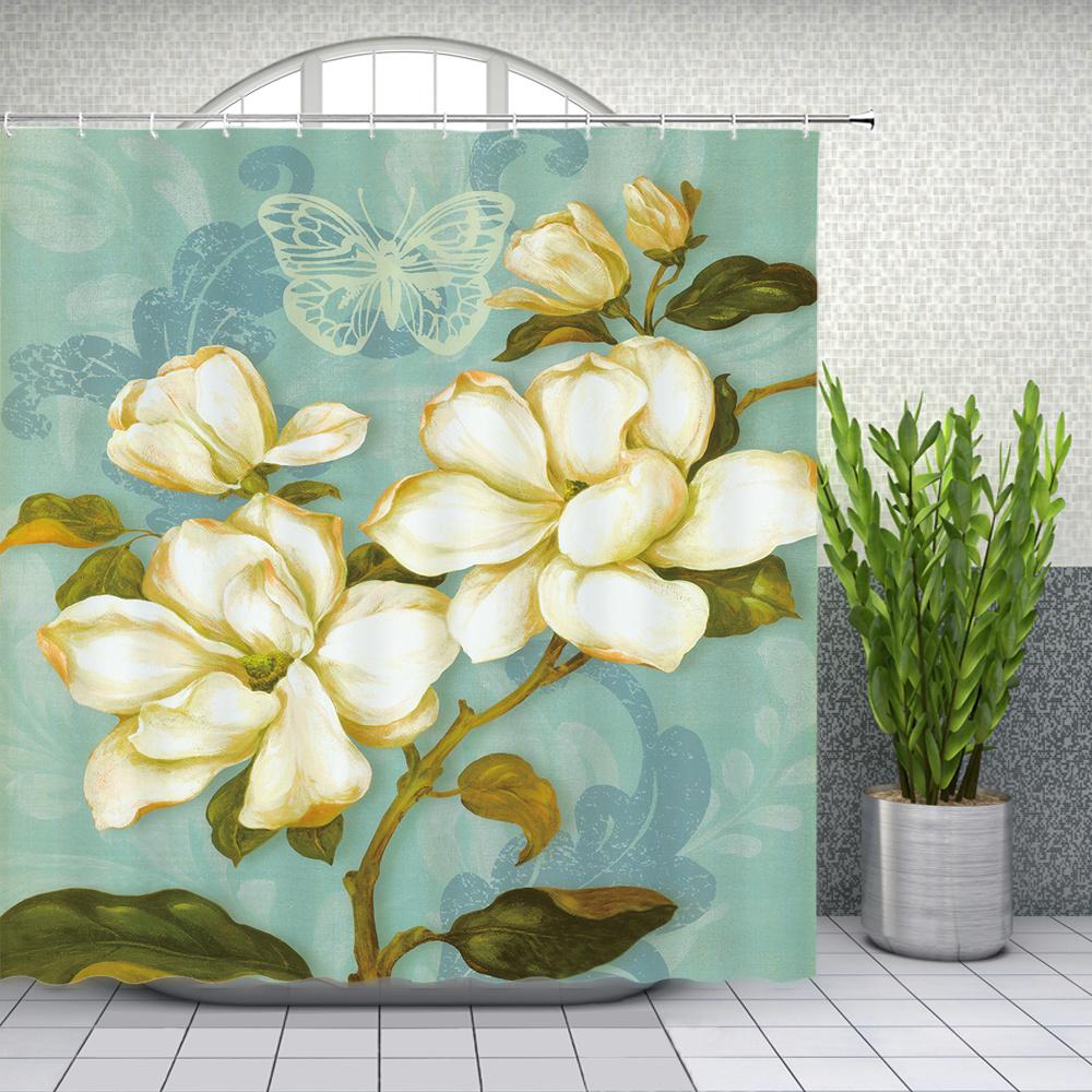 1 Pcs Retro Big Flowers Pattern Polyester Shower Curtain Partition Floral Bathroom Curtain with Hooks Home Decorative Curtain