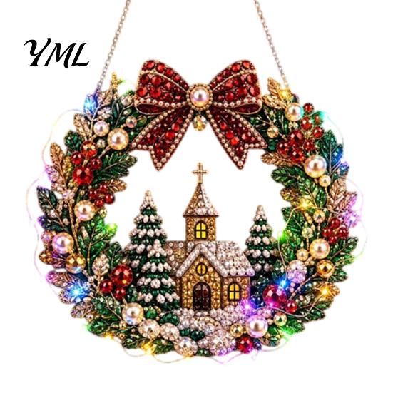 DIY Heimurlaubsdekoration Acryl Weihnachten Kunstperlen Aufhänge-Set, Beleuchteter Kranz 3D Perlen Bastelmalerei Set Kit mit LED-Lichterkette,
