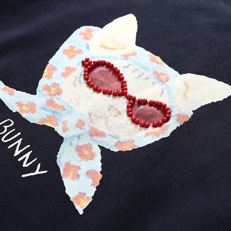 Women's Cat Print Beaded Short Sleeve T-Shirt