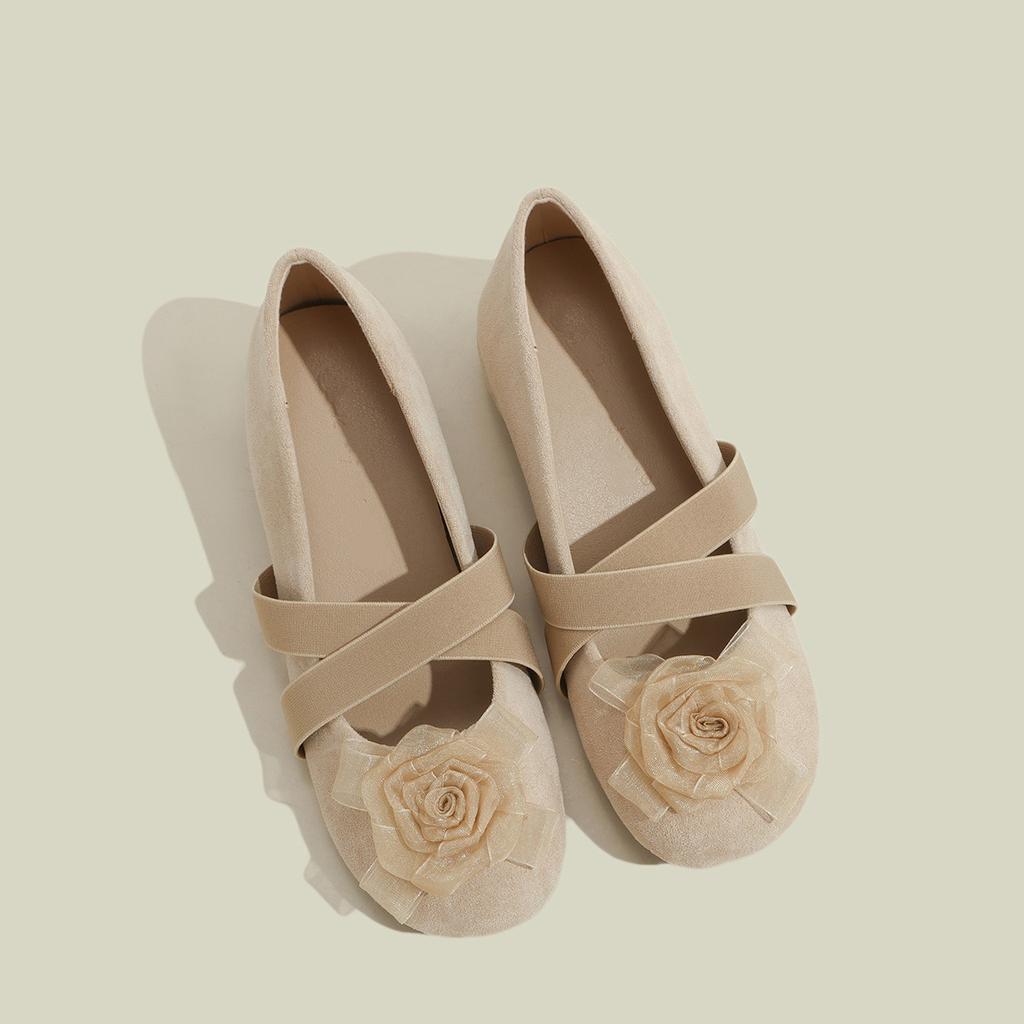 Leather Inner Height Increase Camellia Cross Belt Mary Jane Shoes Women's 2025 New Spring Ballet Shoes Thick Heel Single Shoes Women