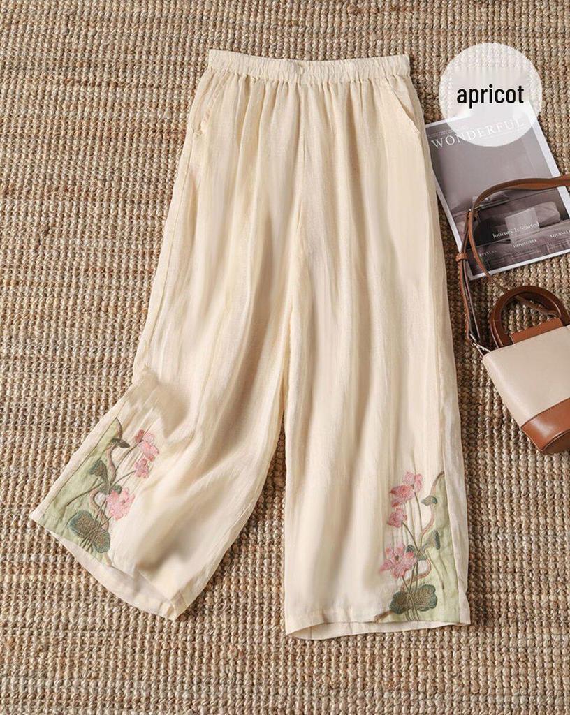 Women's Embroidered Wide-Leg Summer Pants - Retro Loose Fit